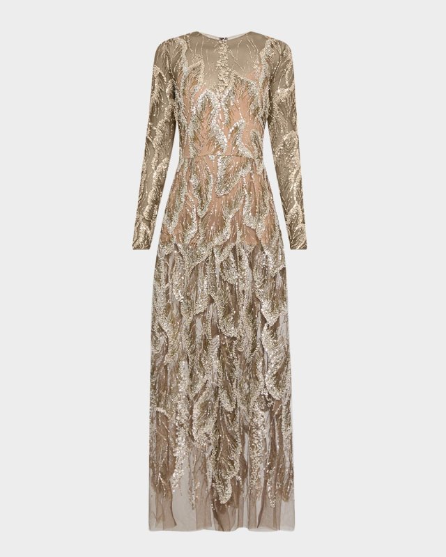 Embellished Sheer Tulle Long-Sleeve Gown